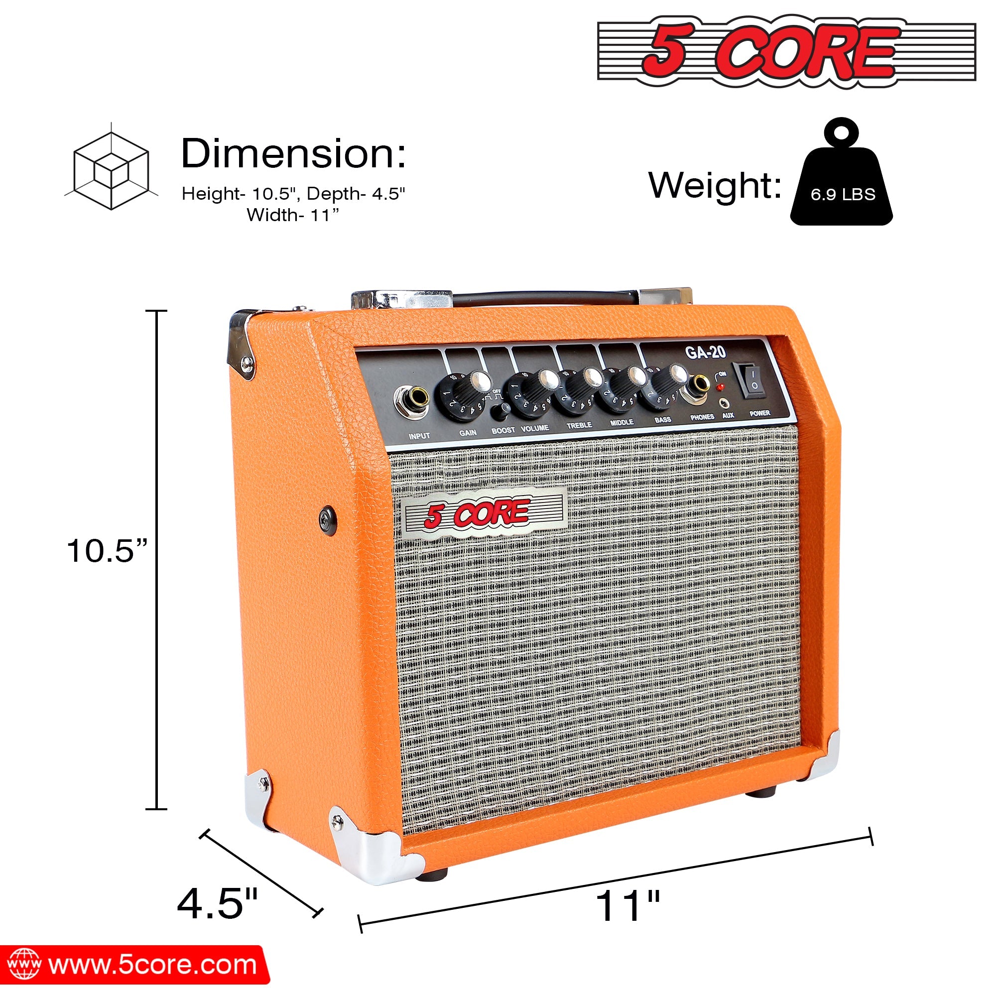 5 Core Guitar Amplifier Mini Bass Electric Guitar Amp 20W Portable Acoustic Guitar Amp w Aux Input Volume Bass Treble Control -GA 20 ORG-3