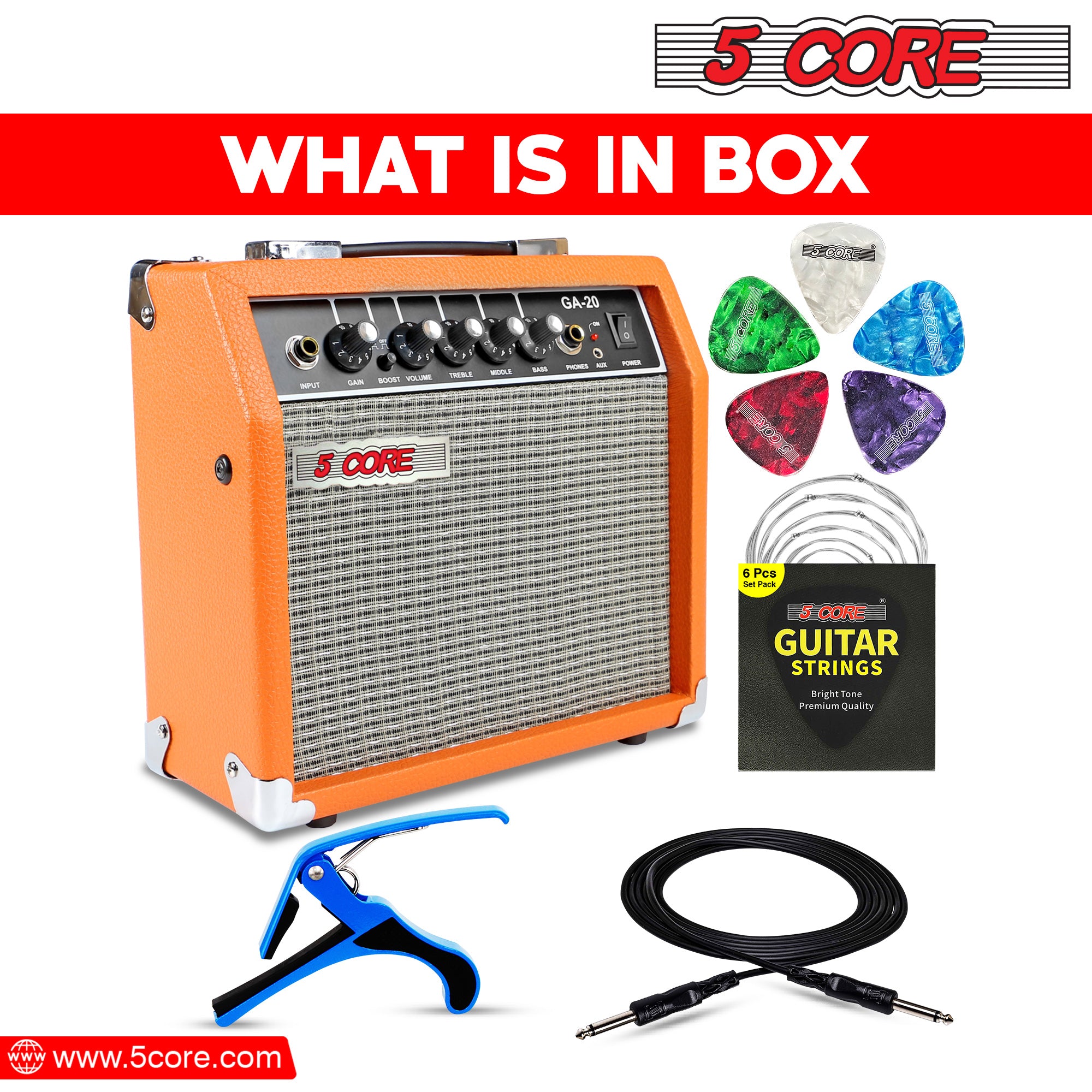 5 Core Guitar Amplifier Mini Bass Electric Guitar Amp 20W Portable Acoustic Guitar Amp w Aux Input Volume Bass Treble Control -GA 20 ORG-13