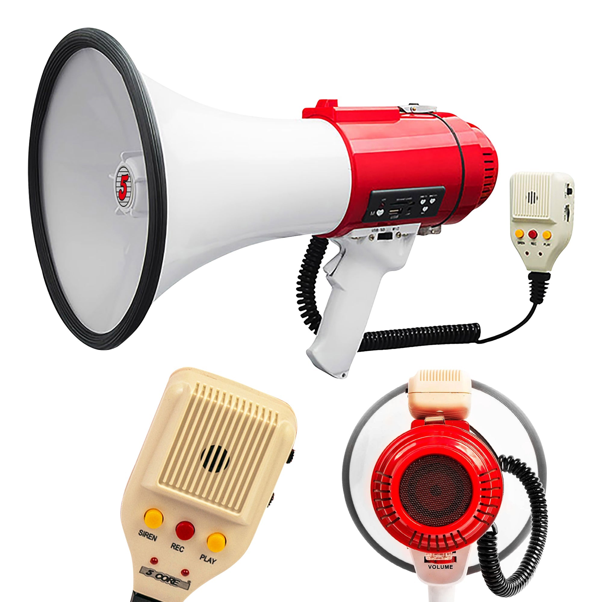5 Core Megaphone Bull Horn| 60W Loud Siren Noise Maker w/ Handheld Mic Recording USB SD Card| Adjustable Volume-0