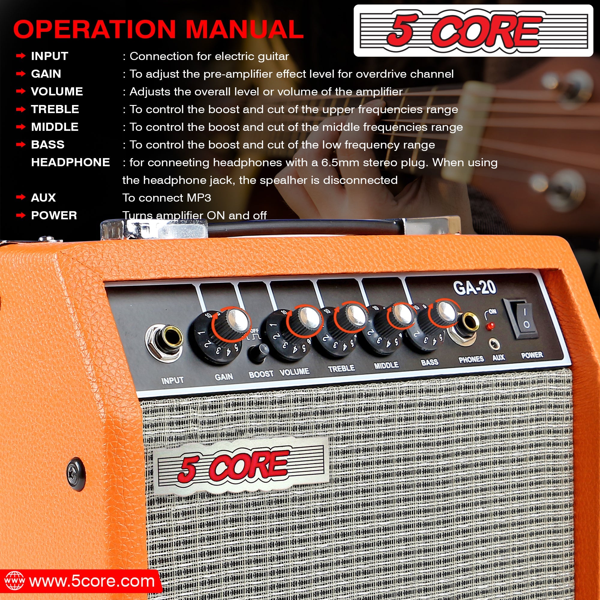 5 Core Guitar Amplifier Mini Bass Electric Guitar Amp 20W Portable Acoustic Guitar Amp w Aux Input Volume Bass Treble Control -GA 20 ORG-9