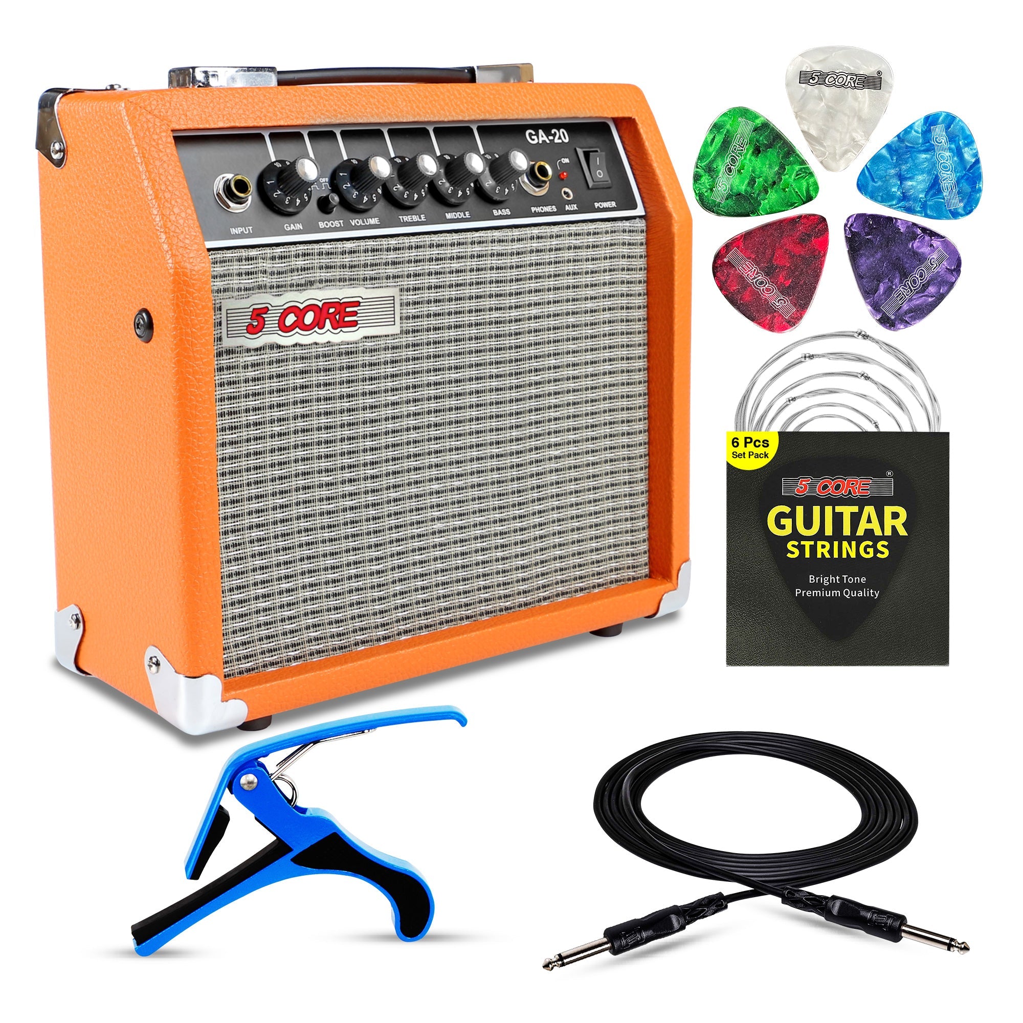 5 Core Guitar Amplifier Mini Bass Electric Guitar Amp 20W Portable Acoustic Guitar Amp w Aux Input Volume Bass Treble Control -GA 20 ORG-0