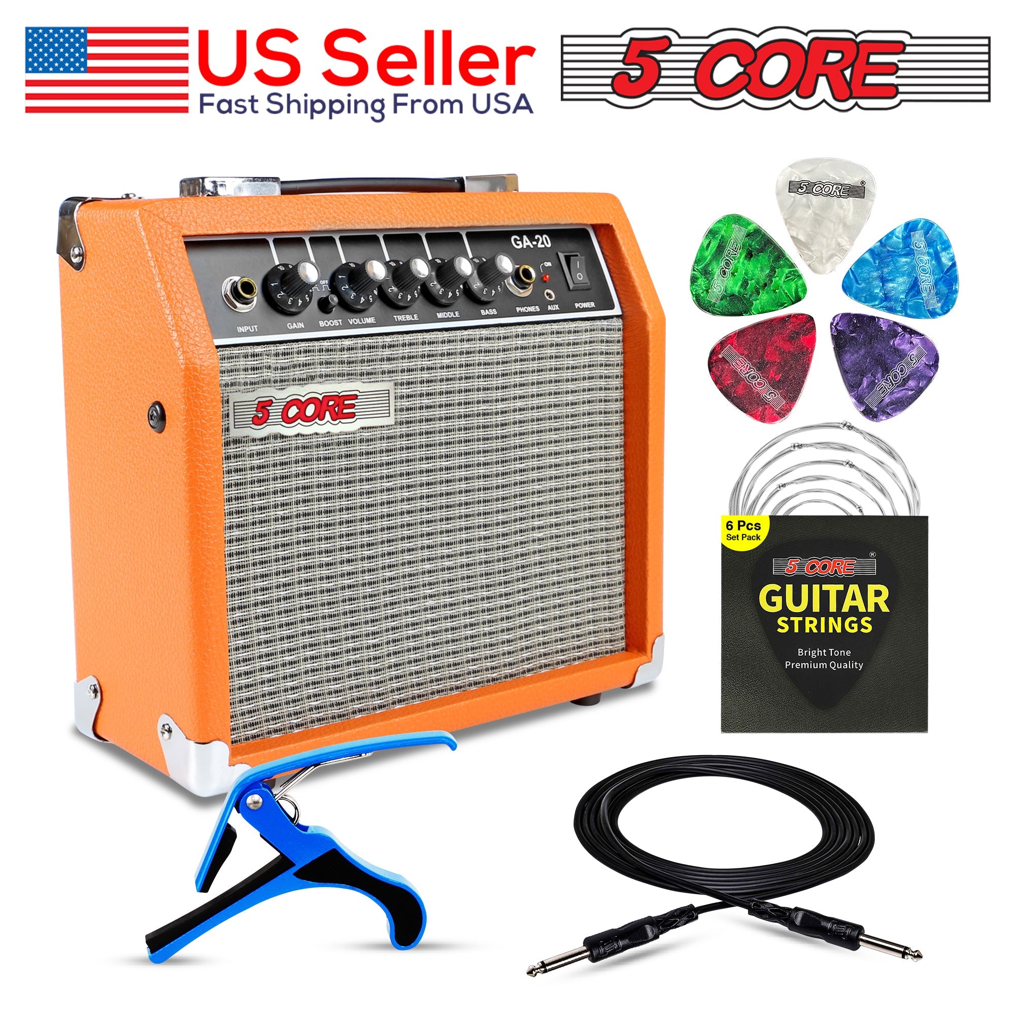 5 Core Guitar Amplifier Mini Bass Electric Guitar Amp 20W Portable Acoustic Guitar Amp w Aux Input Volume Bass Treble Control -GA 20 ORG-16